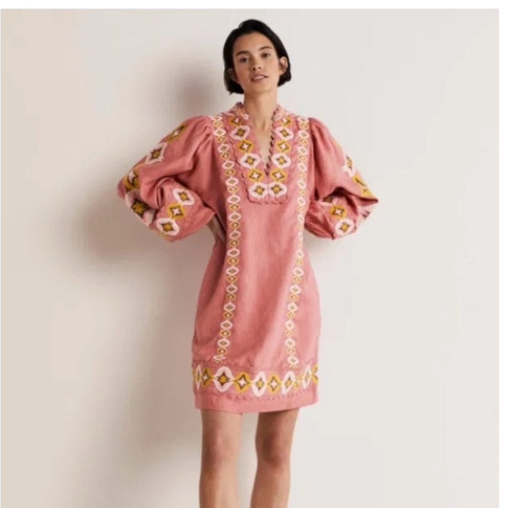 Boden Embroidered Linen Long Balloon Sleeve Shift dress size 6